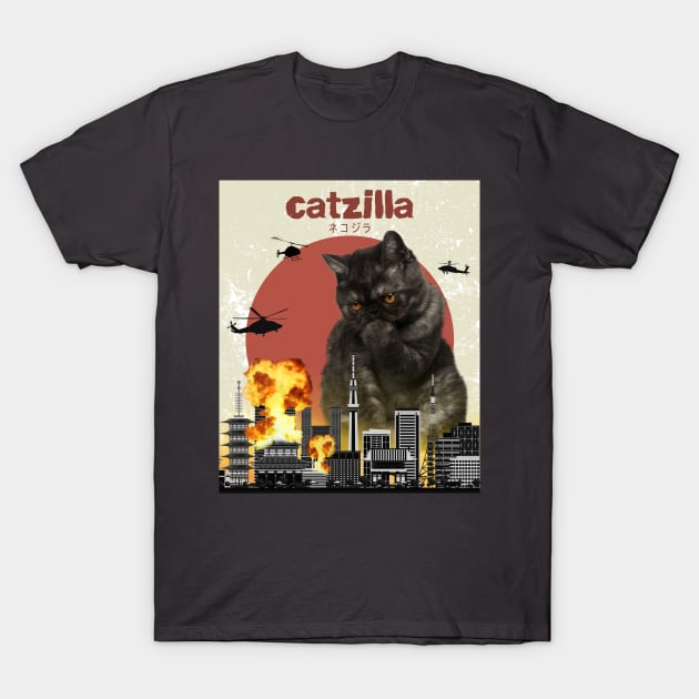 Cat Zilla Funny Black Exotic Shorthair Cat T-shirt for animal lovers T-Shirt by monsieurfour